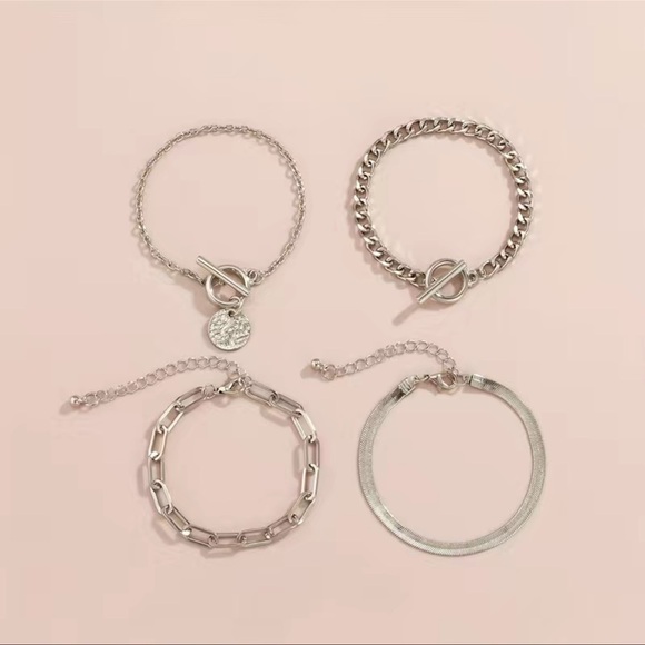 Jewelry - Classic Chain T-Bar Bracelet Set of 4 Silver Alloy Cut Out Stackable